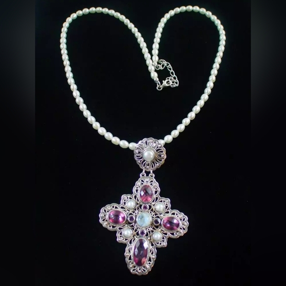 Nicky Butler Sterling Silver Pink Quartz Rhodolite Cross Pendant Pearl Necklace - Picture 15 of 16